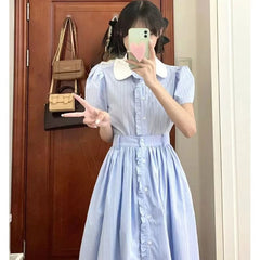 Hnewly  Woman Dress Striped Turn Down Collar Patchwork Ruffles Single Breasted Short Sleeve Summer Fashion Female Dresses Casual