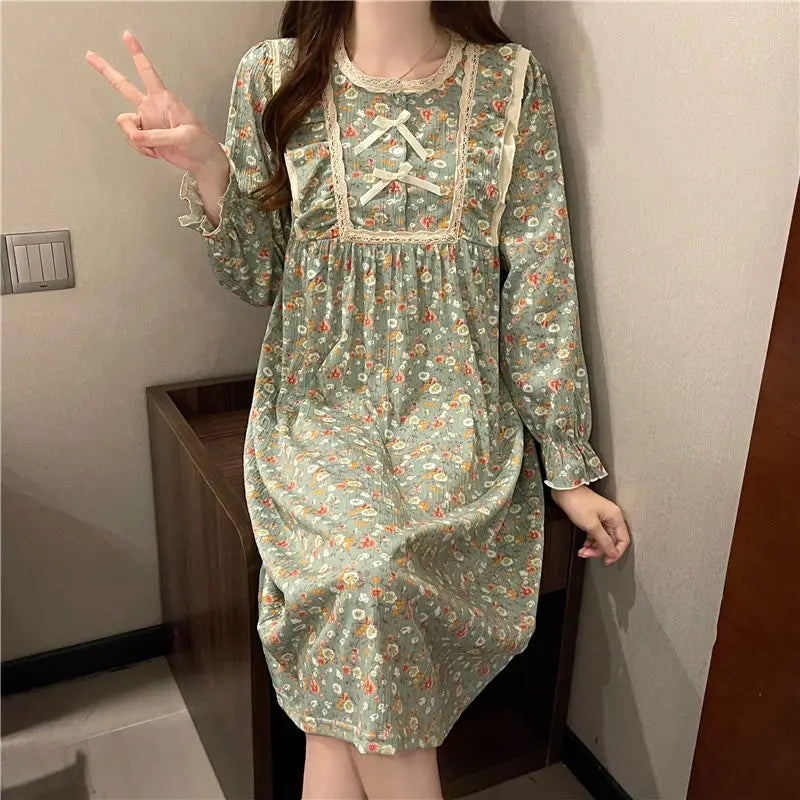 Hnewly Long Sleeve Nightgowns Women Floral Bow Temper Autumn Home Cozy Aesthetic O-neck Prairie Chic All-match Sleepwear Korean Style