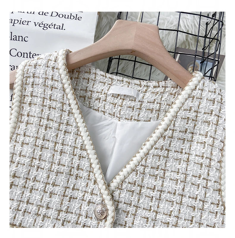 Hnewly  Women New Autumn Tweed Elegant Vintag Vest V-neck Sleeveless Slim Pockets Waistcoat Ladies Fashion Womens Short Small Vest