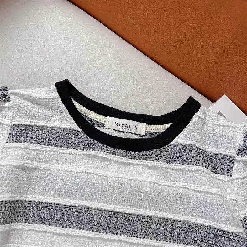 Hnewly  Pink Striped T-shirt Women's Sweet Dopamine  Korean Style Short Top Classic Round Neck Versatile Short Sleeved Tee