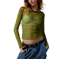 Hnewly Lace Tops for Women y2k Clothes Sheer See Through Round Neck Long Sleeve Ruched T Shirt 2000s Clothing Party Clubwear