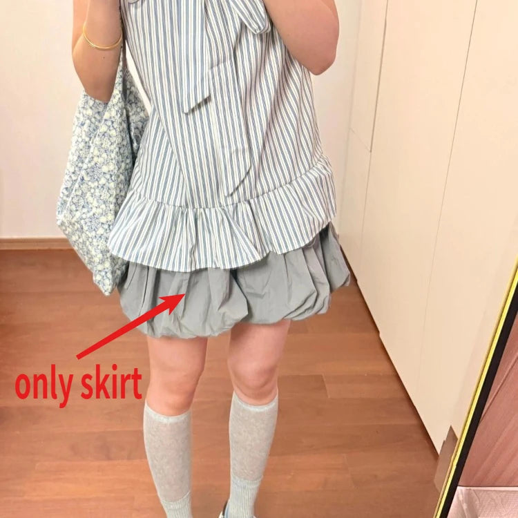 Hnewly  Summer New Elegant Striped Halter Sleeveless Shirts Women+ Y2k Fashion High Waist Floral Bud Skirts Two Piece Sets