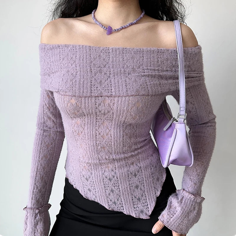 Hnewly y2k Lace Top Women Coquette Clothing See Through Off Shoulder Long Sleeve T Shirt 2000s Fairycore Clothes Streetwear