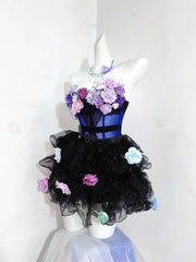Hnewly  Lovely Dress Lolita Costume Handmade Princess Blue Flower Fishbone Split Dress With Waist And Puff, Affordable Wedding Dress