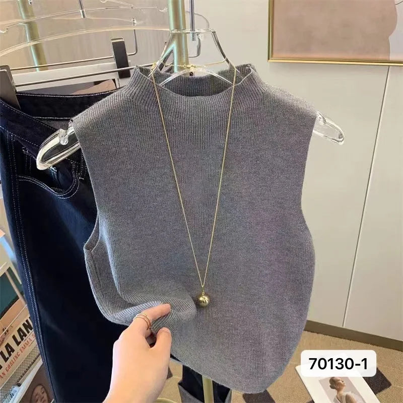 Hnewly White Knitted Camisole Sleeveless Vest For Women Spring Summer Half High Neck Short   Basic Bottom Top Korean Version Trendy Tee