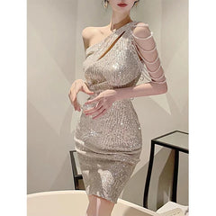 Hnewly  summer diagonal collar sequins hollow out bodycon mini vestido ladies elegant fashion slim beading evening dress women temperame  the dress black dress white dress
