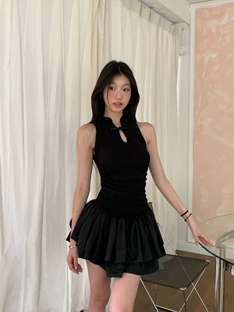 Hnewly Summer Vintage Elegant Black Button Bodycon Mini Dress Women Casual Retro Sleeveless Evening Party Dress Korean Fashion Chic