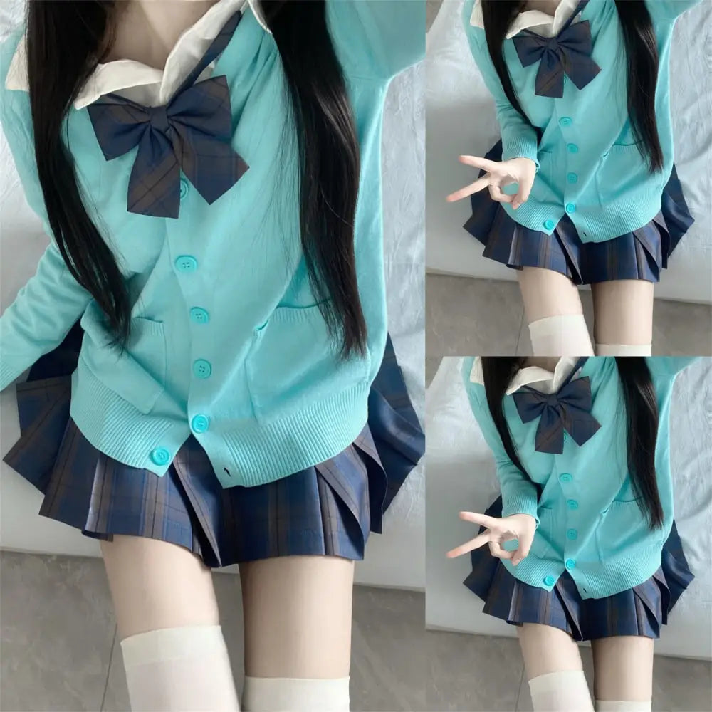 Hnewly 3Pc Set Japanese Korean School Uniforms Multicolor Sweater&Plaid Pleat Skirt with Bow Jk Uniform Suit Graduation Costumes Women