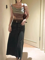 Hnewly  Fashion Vintage Halo Dyeing Vest for Women Y2k E-Girl Mesh Irregular Camisole Tops Summer New Off Shoulder Tank Top