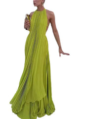 Hnewly  Sexy Backless round Neck Sleeveless Beach Dress Women's Vacation Style Loose Waist Soft Polyester Gored Skirt Long Summer Dress