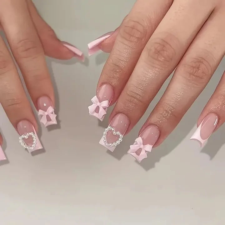 Hnewly 24Pcs Elegant Black Almond Press-On Nail With Pearl Heart&Bow Accents-Glossy Finish Short Length Removable False Nails For Women