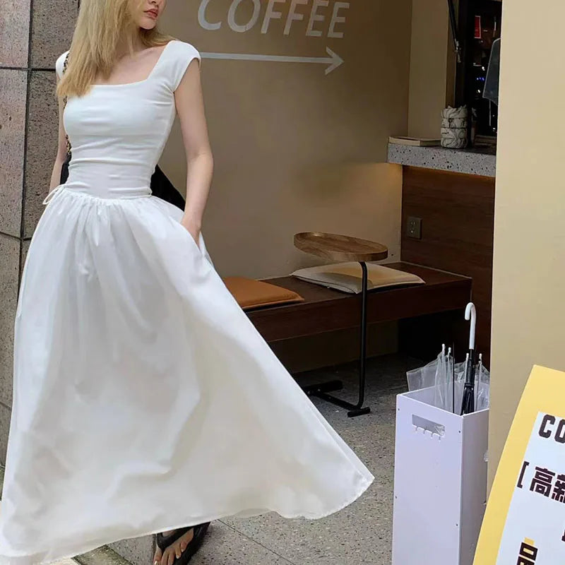 Hnewly Elegant Stitching Dress Female Korean Chic Square Collar Short Sleeve Beach Party Dress Ladies High Waist All-Match A Line Dress