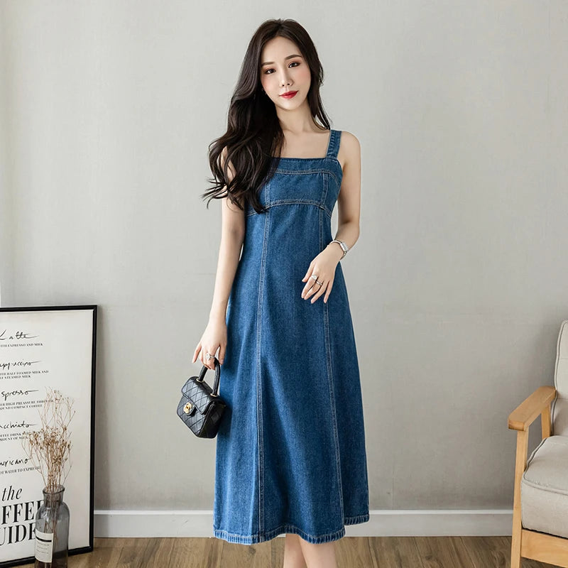 Hnewly  Denim Spaghetti Strap Dress New Summer Women's Retro Strap A-Line Dress Classic Blue Tea-Length Versatile Slim Sun Dresses