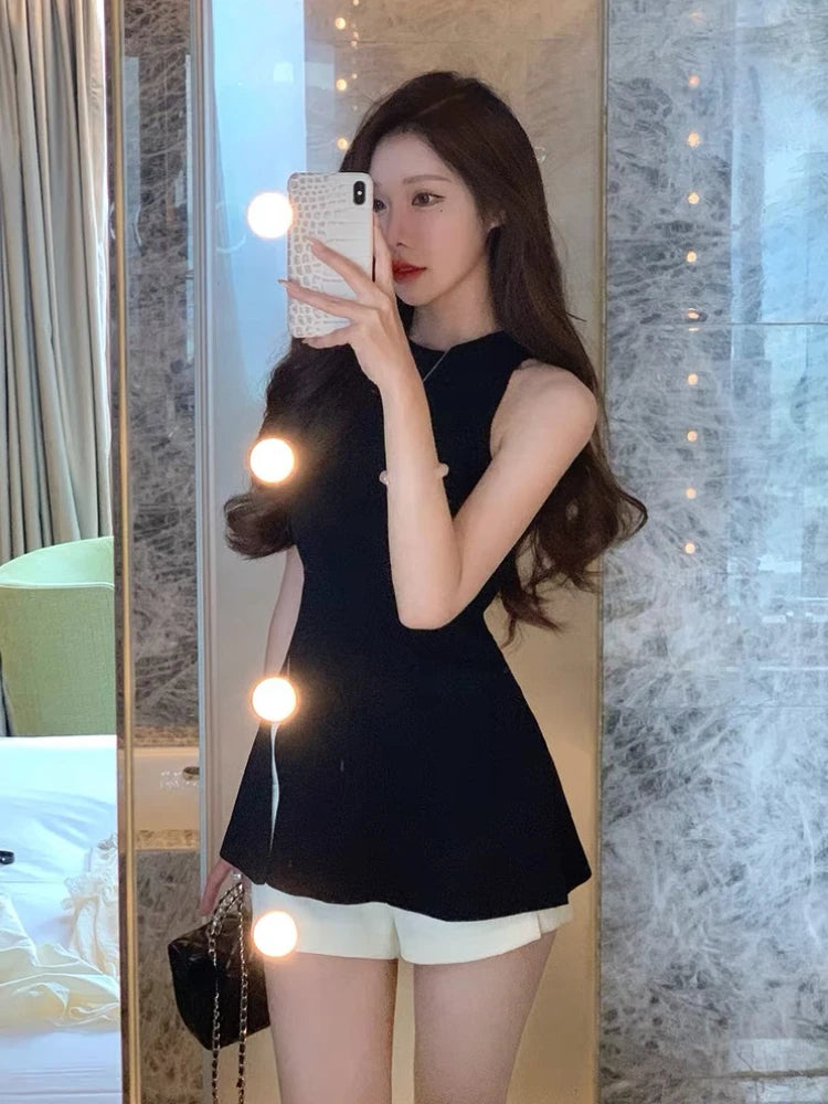 Hnewly Summer French Elegant Sleeveless Vest Blouse Women Office Lady2000s Vintage Clothing Korean Fashion Blouse Female Outwear Chic