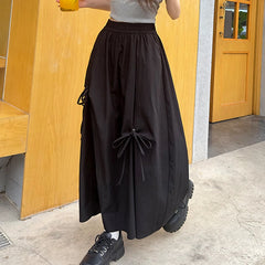 Hnewly  Korean Bowknot A Line Cargo Skirt Women Summer Elastic Waist Oversized Long Skirts Woman Streetwear Y2K Midi Skirt Female