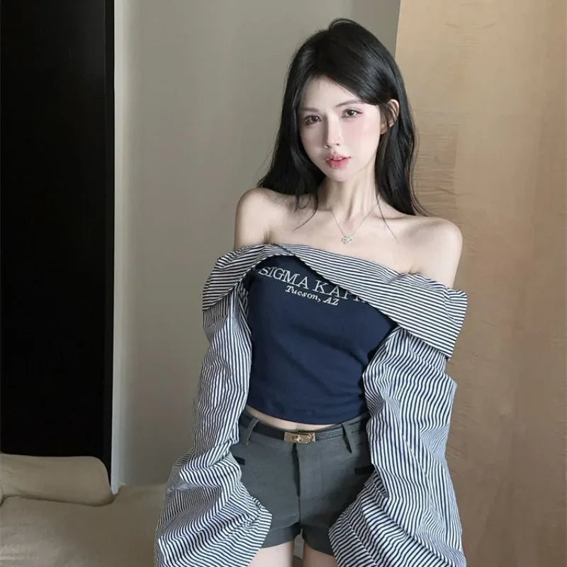 Hnewly  American Retro Striped Slim Fit Shirts Women Y2k Off Shoulder Long Sleeved Blouses Korean Fashion Letter Print Tops Mujer