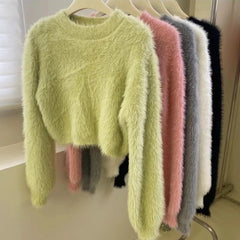Hnewly  Women's Fuzzy Knitt Top Long Sleeve Mock Neck Fluffy Sweater Pullovers Cozy Plain Jumper Teen-girl Fall Winter Y2K Outfit