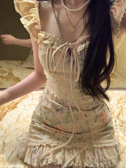 Hnewly  Sweet Sexy Summer Dress Women Square Collar Garden Party Vintage Slim Lace Flying Sleeve Hollow Out Design Korean Style Ulzzang