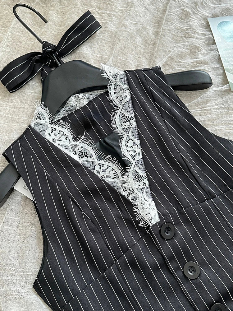 Hnewly 2000s Aesthetic Striped Outfits 2 Piece Set Summer Women Korean Fashion Vacation Kpop Lace Vest + Y2k Preppy Mini Pleated Skirt