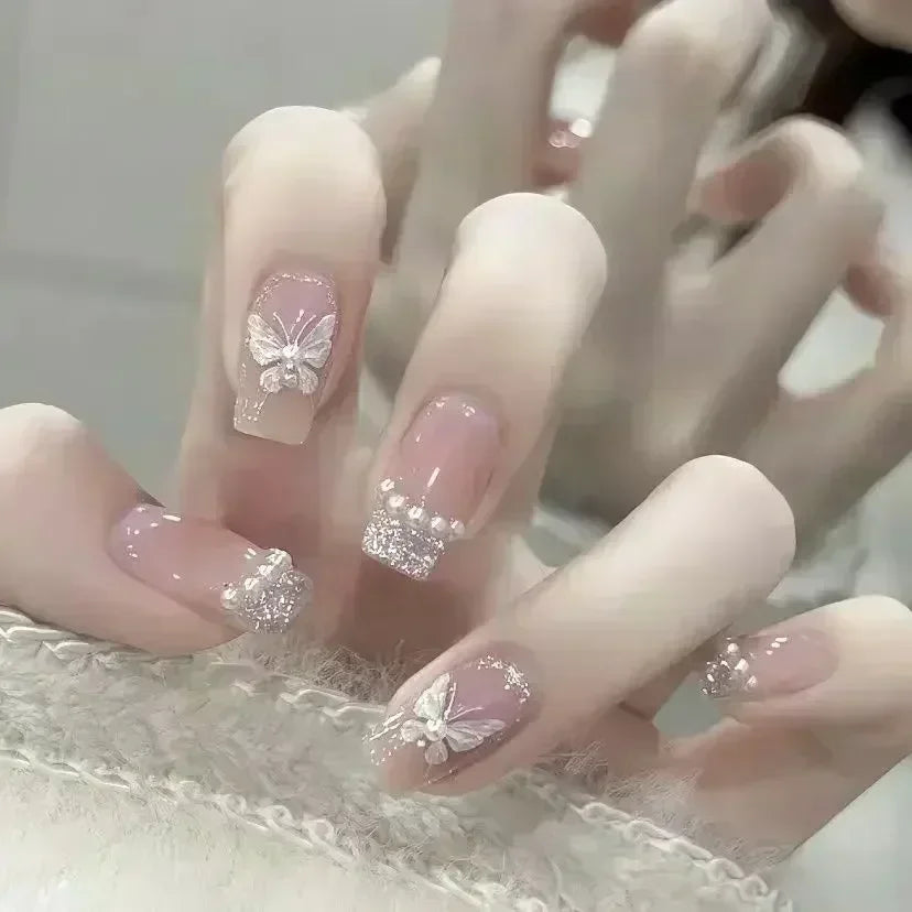 Hnewly 24pcs Detachable Short Press on Nails Y2k rhinestone False Nails with Glue Ballet Sweet Cool Girls Artificial False Nails Tips
