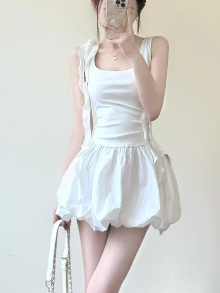 Hnewly Summer Sweet Korean Fashion White Retro Dress Square-Neck Slim Waist Sleeveless Flower Lace-up Small Vest Dress Women New