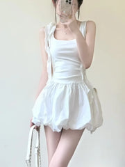 Hnewly Summer Sweet Korean Fashion White Retro Dress Square-Neck Slim Waist Sleeveless Flower Lace-up Small Vest Dress Women New