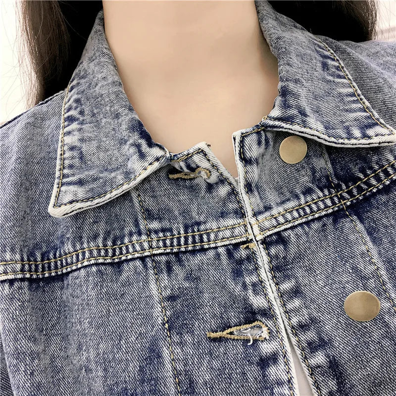 Hnewly Jean Jacket for Women Spring Autumn New Korean Bat Sleeved Short Top Loose BF Style Student Fashion Turn-down Collar Denim Coat