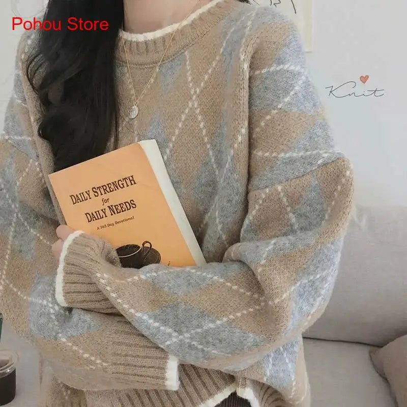Hnewly comfy outfits winter Winter Argyle Loose Knitted Sweater Pullovers Sweater Korean College Style Women Jumper