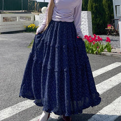 Hnewly  Korean Style Printed Long Skirts for Women Sweet High Waist A Line Skirts Woman Fashion Patchwork Ruffles Maxi Skirt Ladies