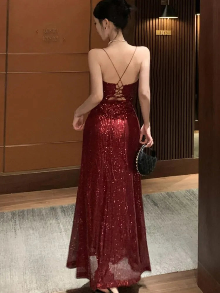 Hnewly Elegant Sequin Backless V-neck Split Dress Women Autumn Sexy Slim Evening Gown A-line Bandage Fashion Birthday Party Luxury Robe