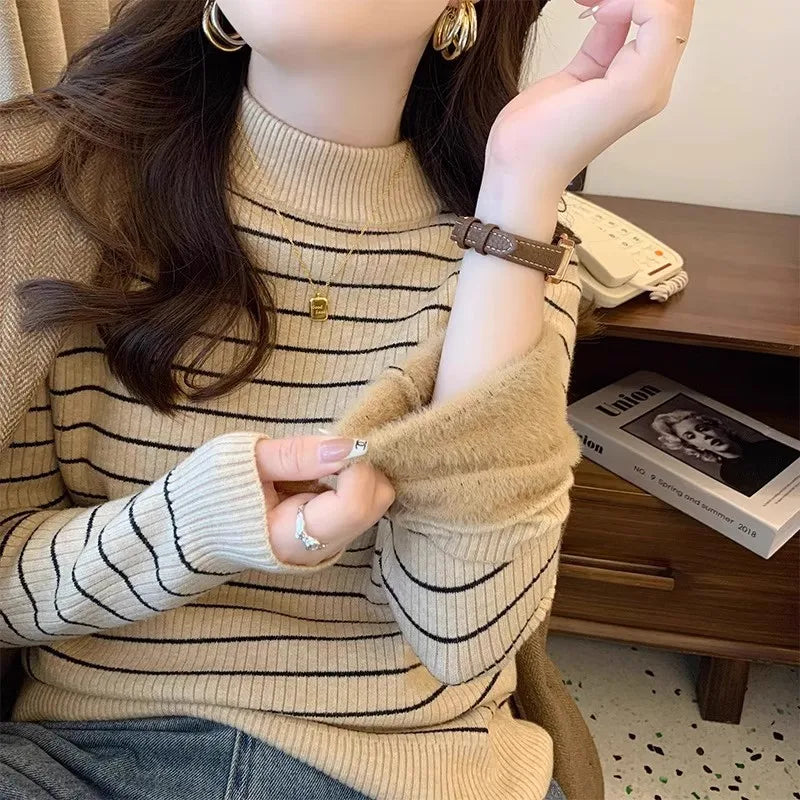 Hnewly  Half High Collar Striped Sweater Velvet Bottoming Shirts for Women's Autumn Winter Thicked Warm Pullover Slim Knitting Top