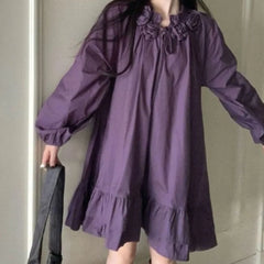 Hnewly  Purple Woman Dresses Solid Flowers Korean Fashion Elegant Vestidos Mujer Spring Autumn Retro Simple Mini Dress