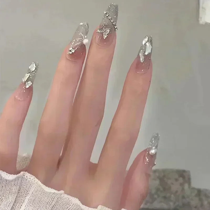 Hnewly 24Pcs False Nails French Gradient Ballet Fake Nails Press on Nails Black Heart Rhinestone Design Glitter Full Cover Nail Tips