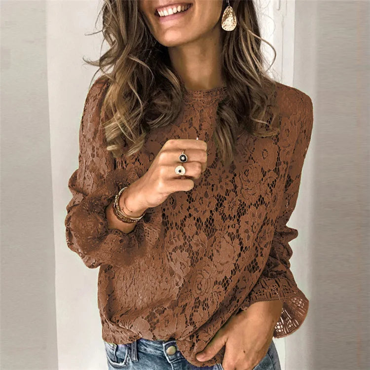 Hnewly  Women's Clothing Cross-border Amazon Wish Europe and The United States EBay New Horn Sleeve Long Sleeve Hollow Lace Shirt