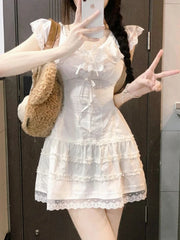 Hnewly Y2k Coquette White Lolita Sweet White Kwaii Cute Mini Dress Women Lace Bow Princess Slip Lace Short Dresses 2024 Fashion