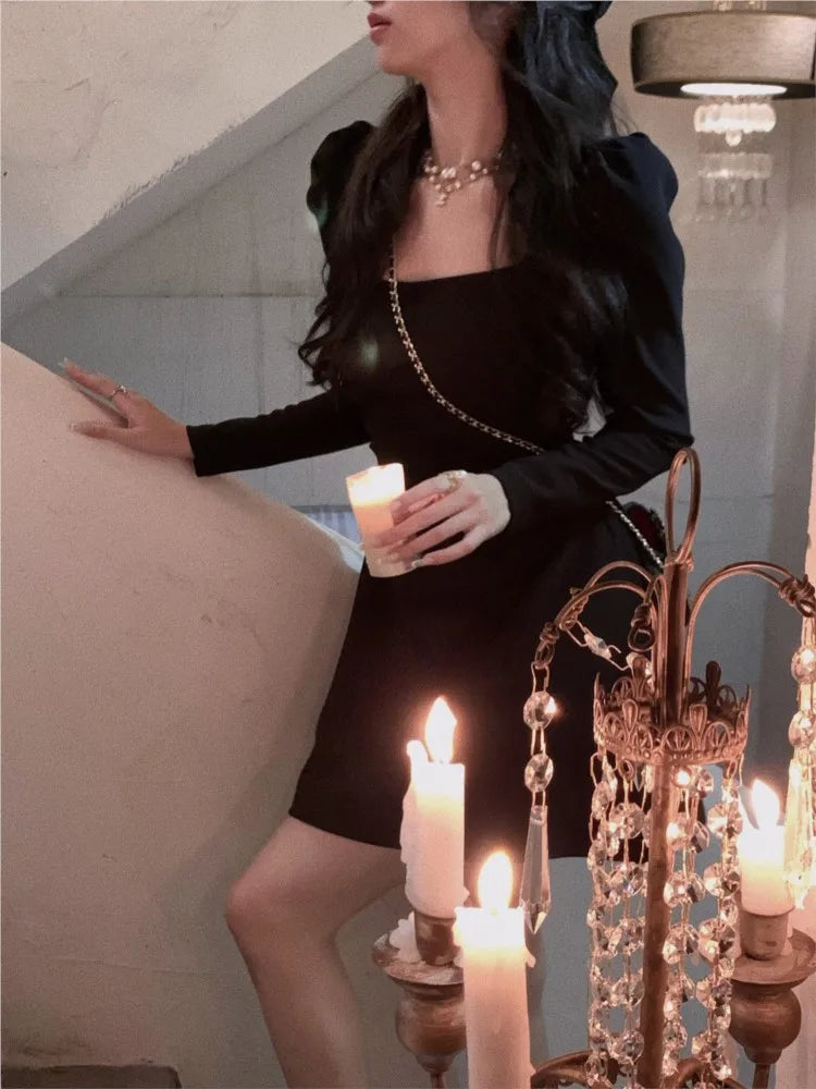 Hnewly Spring New Elegant Square Collar Midi Party Dress  For Women Long Sleeve Black White Slim Vestidos Female Clothes