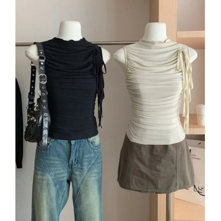 Hnewly  Double Layer Mesh Lace Up Slim Waist Ruched Vest 2025 Summer New Sleeveless Tops Mujer Y2k Simple All-match Tank Top