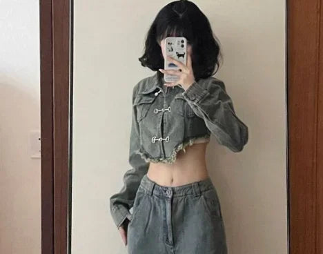 Hnewly rodeo outfits Harajuku Two Piece Sets Womens Outifits Long Sleeve Crop Jackets High Waist Hole Wide Leg Pants Suit Casual Fashion Y2k Set