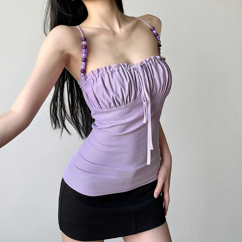 Hnewly Elegant Solid Folds Camis Vintage 2000s Skinny Strap Crop Tops Women Holiday Style Transparent Mesh Tees Ladies y2k Vest