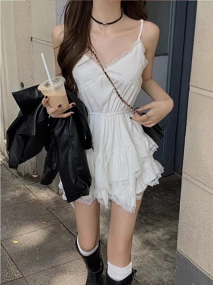 Hnewly Irregular Lace Patchwork Camisole Dresses 2025 Summer New V-neck Dress for Women Y2k E-Girl Slim Waist Ruched Vestidos Mujer