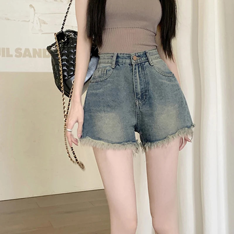 Hnewly y2k Denim Shorts Women Summer High Waist Wide Leg Loose Fit Tassel Jean Shorts with Pockets 2000s Hot Pants Streetwear