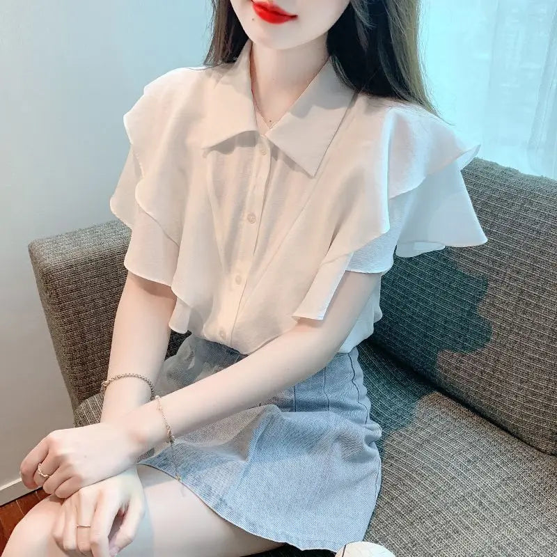 Hnewly  Chiffon Lantern Sleeve Shirts Women Loose Fit Lightweight Ruffled Hem Perfect for Beach Picnics or Romantic Candlelight Dinners
