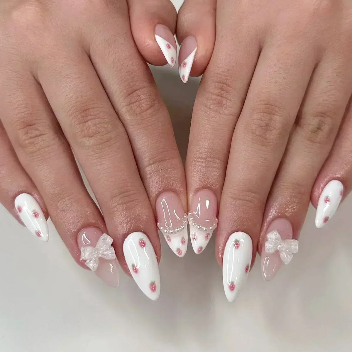 Hnewly 24Pcs Pink Almond French Press on Nails With 3D Bow ripple charms Design Fake Nails Ballerina False Nails Full Cover Nail Tips