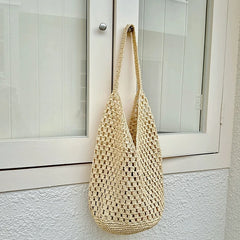 Hnewly  Trendy Handmade Summer Beach Tote Bags Crochet Knitted Hollow Handbag Shopping Bags For Women