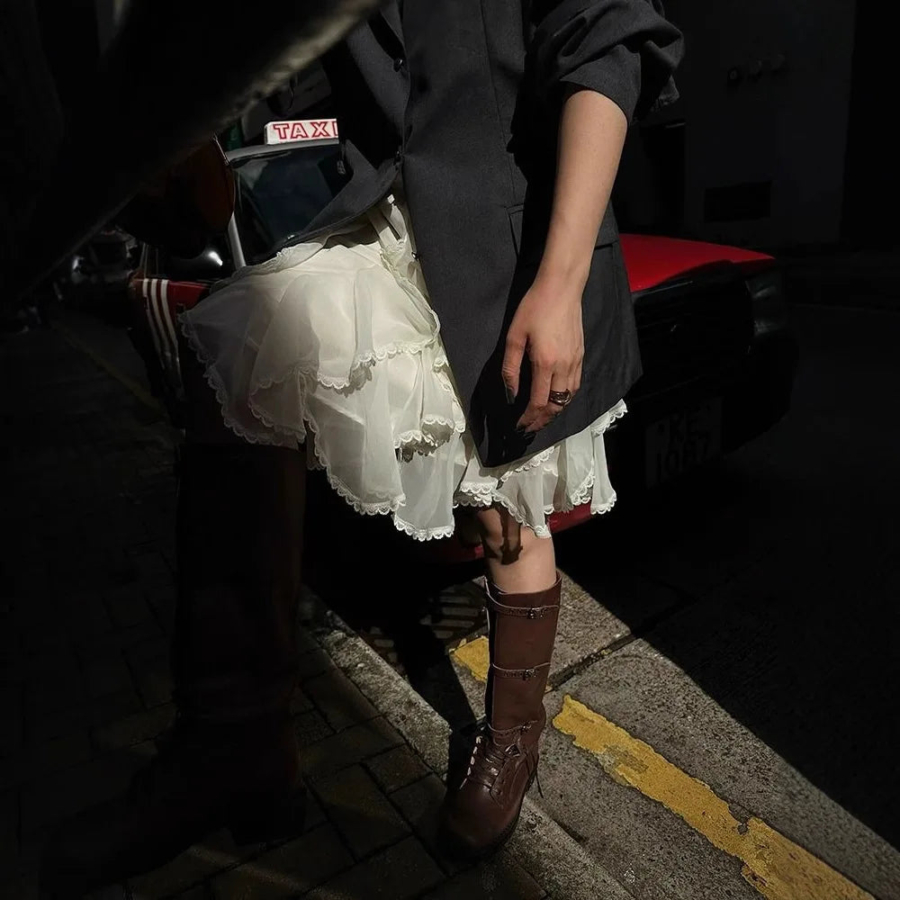 Hnewly Ruffle Lace Splicing Half Skirt for Women Elegant and Sweet Cake Skirt High Waist Lace Chiffon Half Skirt