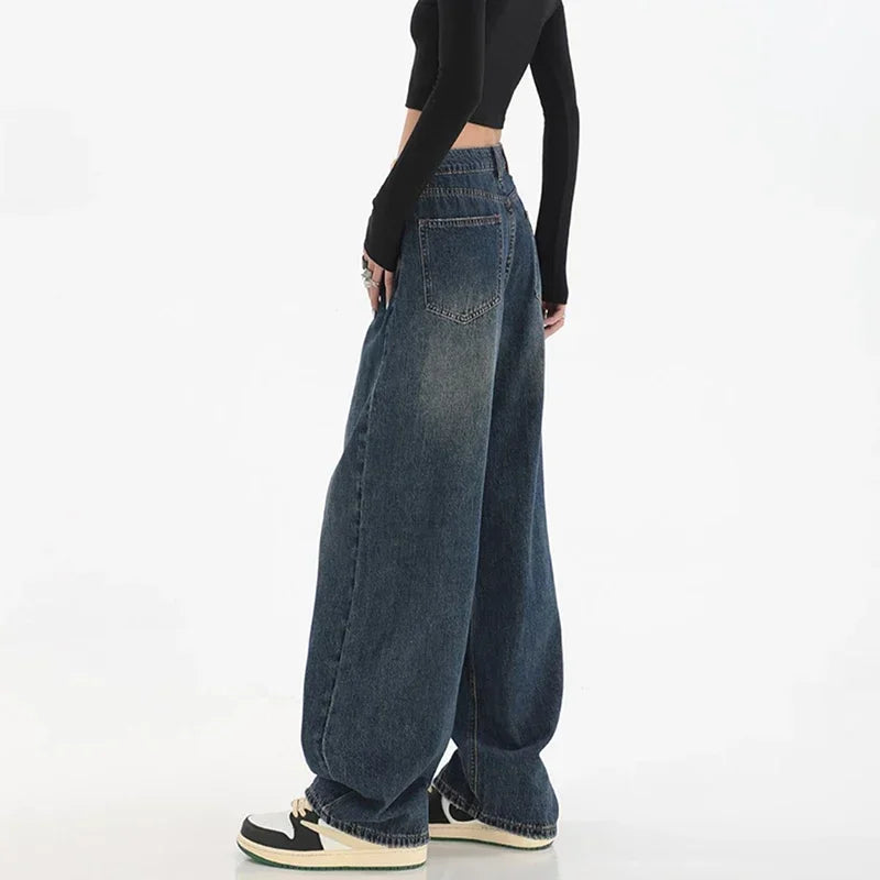 Hnewly Woman High Waist Slim Fit Wide Leg Jeans Female High Street Y2k 2000s Casual Pants Lady Fashion Black Blue Loose Denim Trouserse