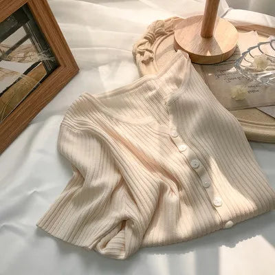 Hnewly  Knitted Short Sleeved T-shirt Sweater Women Spring  Summer 2025 Thin Loose V-neck Single Breasted Top Solid Short Cardigan Coat
