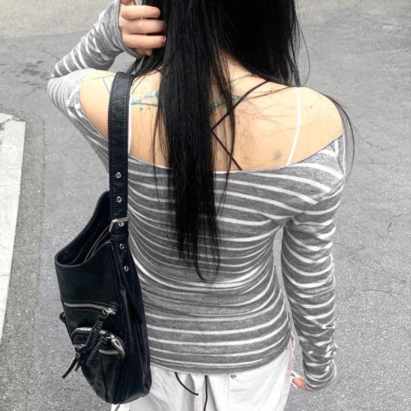 Hnewly Grunge Top y2k Clothes Women Cybercore Striped Off Shoulder Long Sleeve T Shirt 2000s Gothic Clothing Fall Streetwear