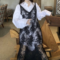 Hnewly  Lace Floral Transparent Dresses Women Black Sexy Long Dress Korean Sleeveless Holiday Dress Vacation Streetwear Party