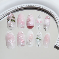 Lunivop  24pcs Summer Sweet Pink Roses Flower Medium Long Almond Nail Art Nails Set Press on Acyrlic Fake Nails Set Nail Tips with Charms